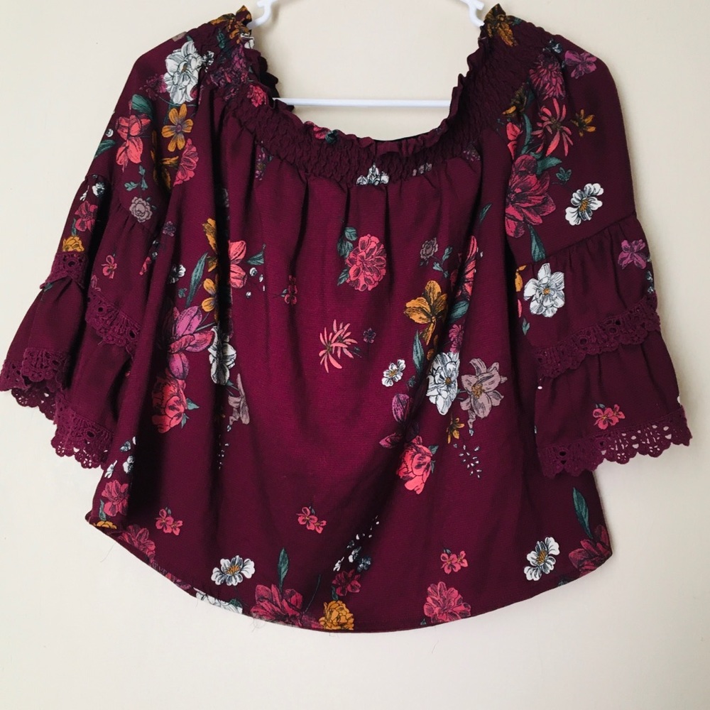 Jolt Burgundy Floral Off Shoulder Bell Sleeve Blouse